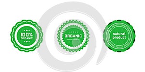 Set of organic 100 percent natural product badges with wavy edges. Design element for packaging design and promotional