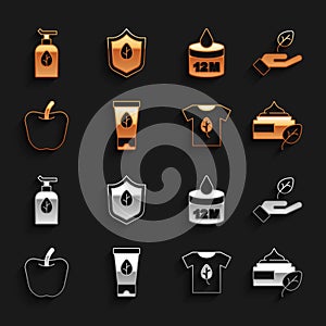 Set Organic cosmetic, Plant in hand, Vegan shirt, Apple, and food diet icon. Vector