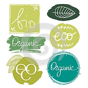 Set of organic, Eco, bio icons on the white background. Healthy food icons in grunge style