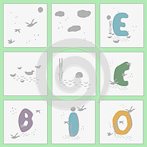 Set of organic eco and bio labels. Hand drawn font, nature elements, moon, birds, water in pastel colors. Vector illustrations