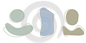 Set of organic irregular blob shapes with stroke line. Blue gray random deform spot fluid circle Isolated on white