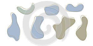 Set of organic irregular blob shapes with stroke line. Blue gray random deform spot fluid circle Isolated on white