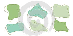 Set of organic irregular blob shapes with stroke line. Green gray random deform spot fluid circle Isolated on white