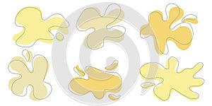 Set of organic irregular blob shapes with stroke line. Yellow random deform spot fluid circle Isolated on white