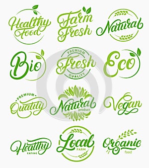 Set of organic, local, fresh, natural, vegan, healthy handwritten lettering logos, labels, emblems.