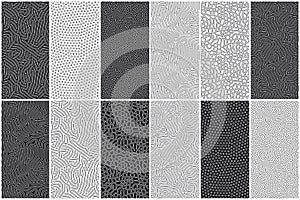 Set of organic seamless patterns with rounded lines, drips. Diffusion reaction background. Linear design with biological