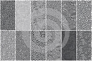 Set of organic seamless patterns with rounded lines, drips. Diffusion reaction background. Linear design with biological