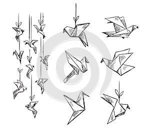 Set of origami birds, vector sketch