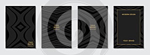 Set of original covers, vertical vector templates. Collection of black backgrounds with 3d geometric pattern of stripes and lines.