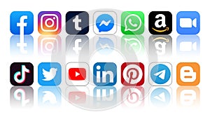 Set of original popular Social Media and Mobile Apps icons with reflection: Facebook, Instagram, Tumblr, Messenger and others,