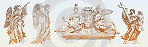 Set of original sketch digital drawing of marble statue