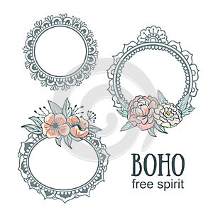 Set of Ornamental Boho Style Frames with flowers.