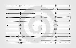 Set of ornamental borders and flourish corners, royal ornament swirls and vintage page dividers. Classical decoration elements for