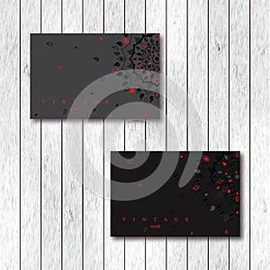 Set of ornamental business cards with leaf mandala, black, grey, red colors, visiting template card. Vintage decorative elements.