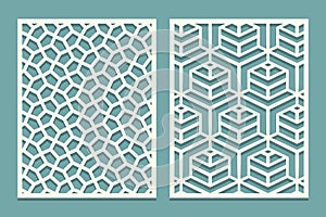 Set ornamental card for laser cut. Geometric mosaic line pattern.Laser cutting decorative ajour borders patterns. Set of Wedding I