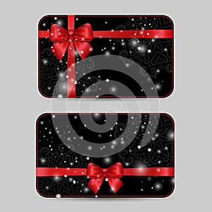 Set of ornamental Card Templates with Shiny holiday red satin ribbon bow on dark black lacy background with snow. Vector template