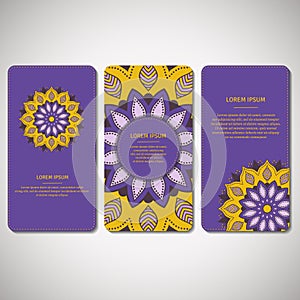 Set of ornamental cards, flyer with colorful flower mandala.