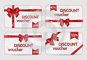 Set of ornamental Discount Voucher Cards with Shiny holiday red satin ribbon bow on white lacy background. Vector Templates