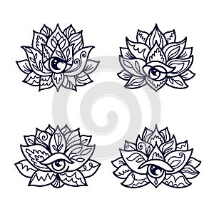 Set of ornamental lotus flower patterns with third eye
