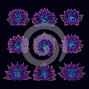 Set of ornamental lotus flower patterns with third eye. Decoration in oriental, Indian style.