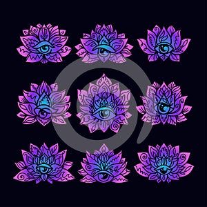 Set of ornamental lotus flower patterns with third eye. Decoration in oriental, Indian style.