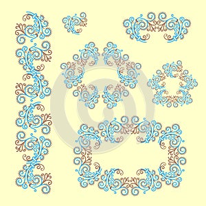 Set of ornaments. Decorated frame. Frosty pattern.