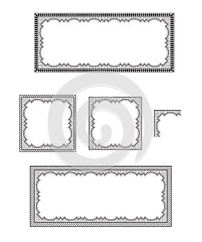 Set of ornate black frames, square and rectangular.