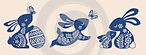 Set of ornate easter bunny's. Vector illustration hare, bunny, rabbit and butterfly. Silhouette of cute bunny with