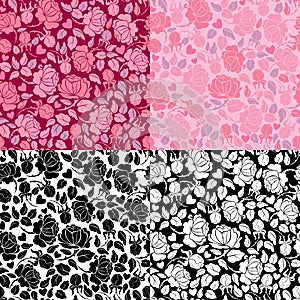 Set of ornate seamless patterns with roses silhouettes.