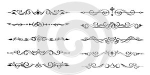 Set of ornate text delimiters, dividers, page bottom decoration lines, borders, or vignettes. Hand-drawn elements