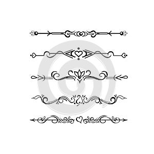Set of ornate text delimiters, paragraph dividers, page bottom decoration lines, borders, or vignettes
