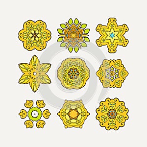 Set of ornate vector mandala symbols. Mehndi lace tattoo. Oriental weave with sharp corners.