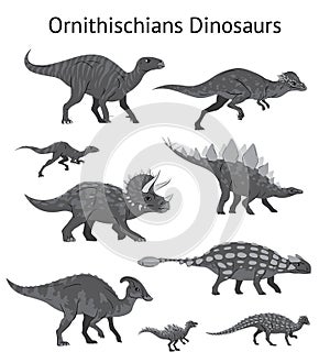 Set of ornithischian dinosaurs. Monochrome vector illustration of dinosaurs isolated on white background. Side view