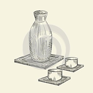 Set os Japanese sake and cup isolated on white background. Ceramic bottle sake hand drawn sketch