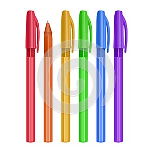 Set os Multi-colored pens isolated on white background. front View from above, vector illustration