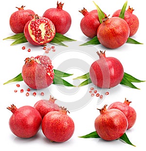 Set os pomegranate fruits with green leaf isolated