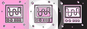Set Oscilloscope measurement signal wave icon isolated on pink and white, black background. Vector
