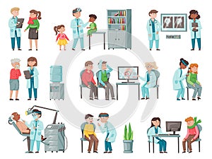 Set of otology doctor with patient. Otorhinolaryngology healthcare medicine or otolaryngology diseases