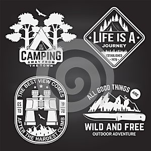 Set of outdoor adventure quotes on the chalkboard. Concept for shirt or logo, print. Vintage design with binoculars