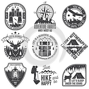 Set of outdoor adventure quotes symbol. Concept for shirt or logo, print, stamp or tee. Vintage design with backpack