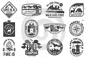 Set of outdoor adventure quotes symbol. Concept for shirt or logo, print, stamp or tee. Vintage design with hiking boots