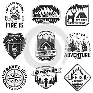 Set of outdoor adventure quotes symbol. Concept for shirt or logo, print, stamp. Vintage design with mountains, compass