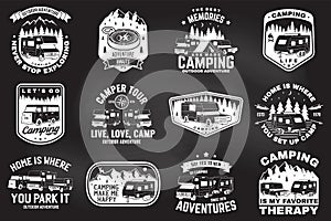 Set of outdoor adventure quotes. Vector. Concept for shirt or logo, print, stamp or tee. Vintage design with mountains