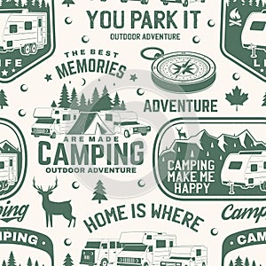 Set of outdoor adventure seamless pattern, background. Vector. Seamless camping pattern with RV Motorhome, camping
