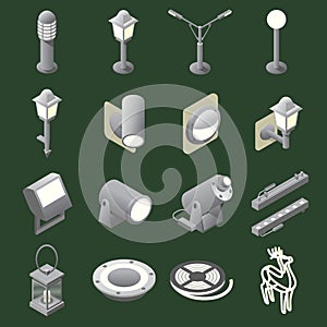 Set of outdoor lights icons in isometric view