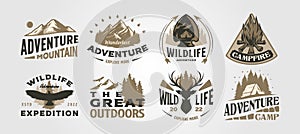 set of outdoor logo vector illustration design, adventure camp wild life collection design, vintage bundle label design