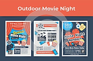 Set outdoor movie night poster vector flat cartoon illustration. Collection open air cinema promo