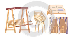 Set Of Outdoor, Picnic Zone Garden Furniture. Vector Cozy Bench Swing, Curtained Gazebo, Rattan Chair, Armchair And Sofa