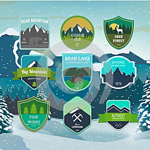 Set of outdoors adventure and expedition badges and labels