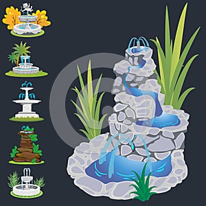 Set of outdoors fountain for gardening, spring and summer plants around garden waterfall, autumn back yard decorative